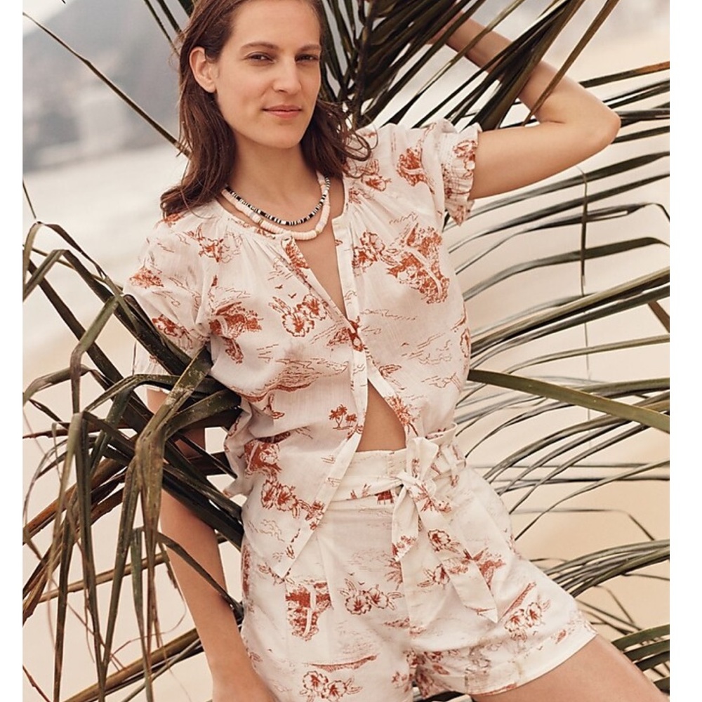 Madewell Cream and Rust Tropical Print Blouse